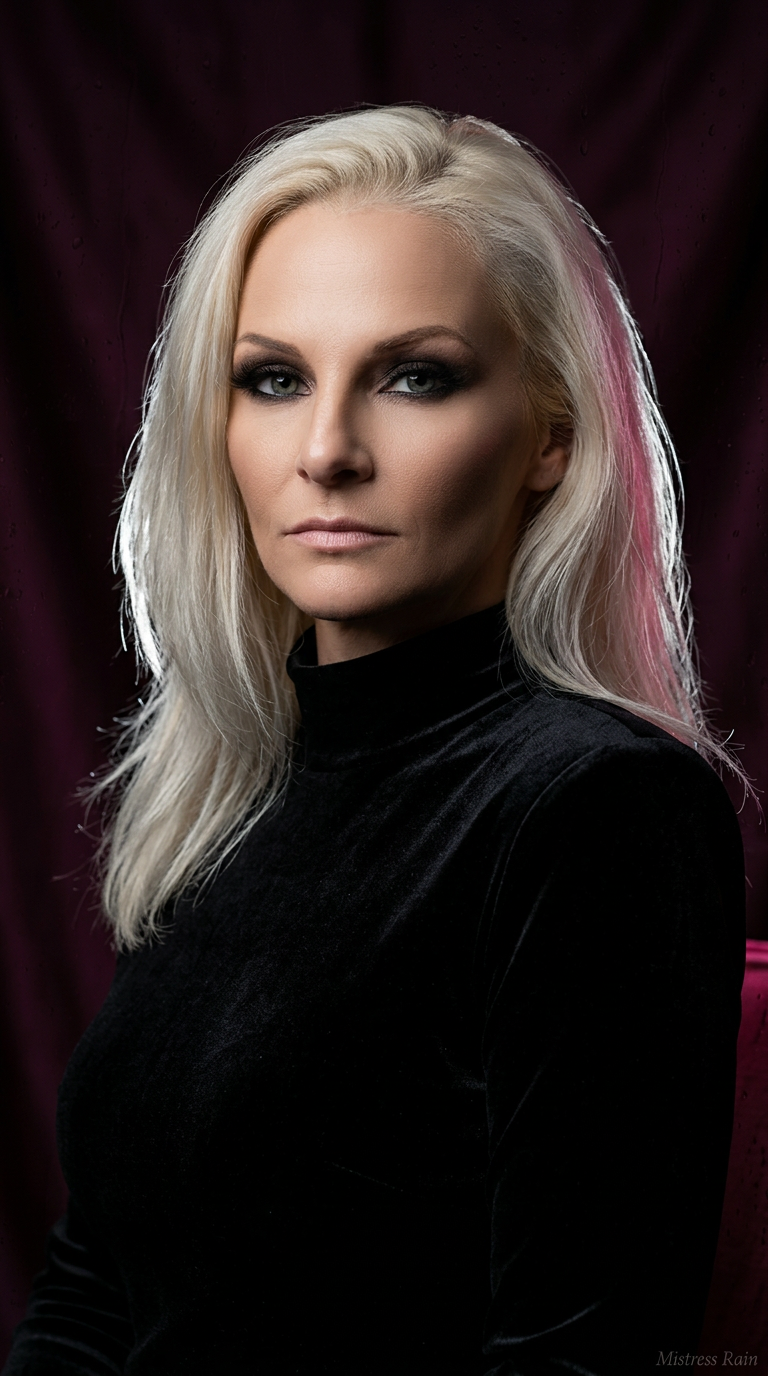 Portrait of Mistress Rain, professional dominatrix, in dramatic low-key lighting